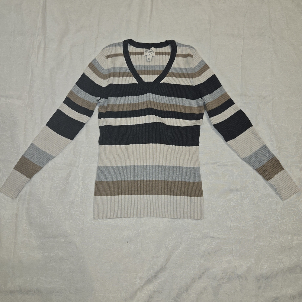 St. John's Bay Women's V-Neck Sweater - Navy, Beige, Gray Stripes